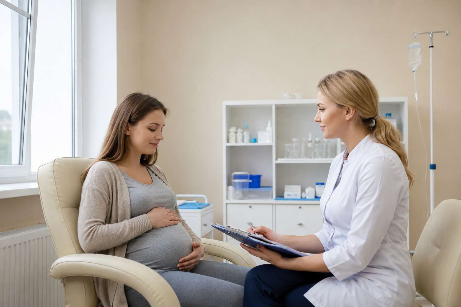 Врач предостерегает беременную женщину от капельницы Берлитиона